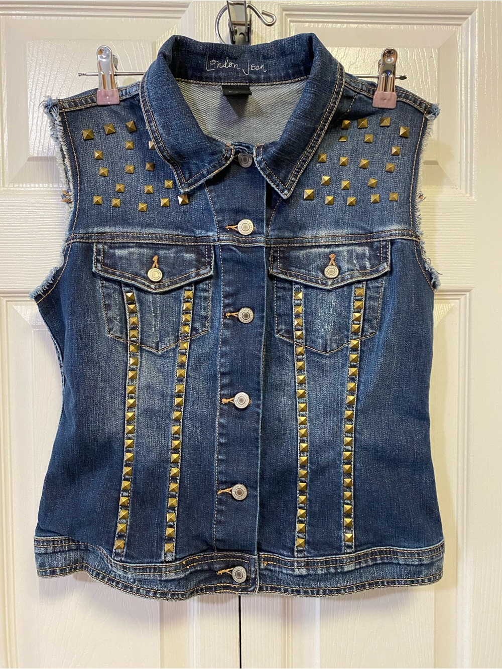 London Jean Studded Denim Vest with Gold Pyramid Studs